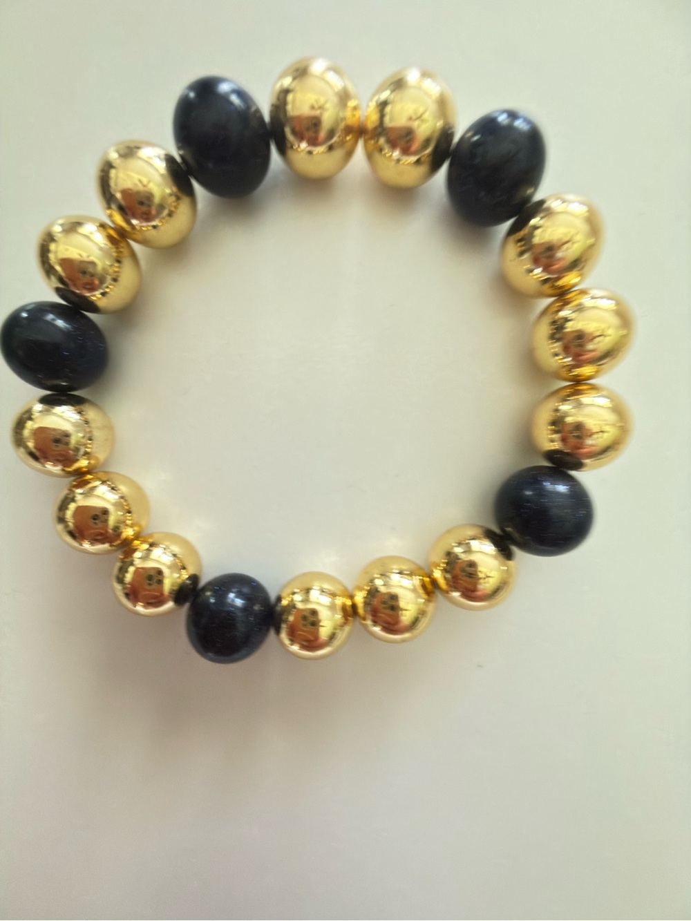 Gold and Dark Navy Goldstone Beaded Stretch Bracelet - Elegant Women’s Jewelry